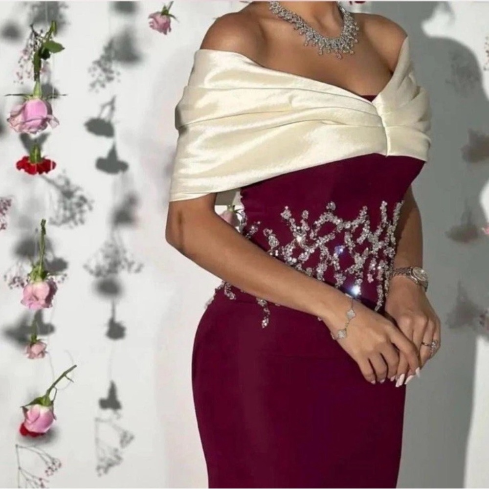 Elegant Burgundy and Cream Off-Shoulder Dress